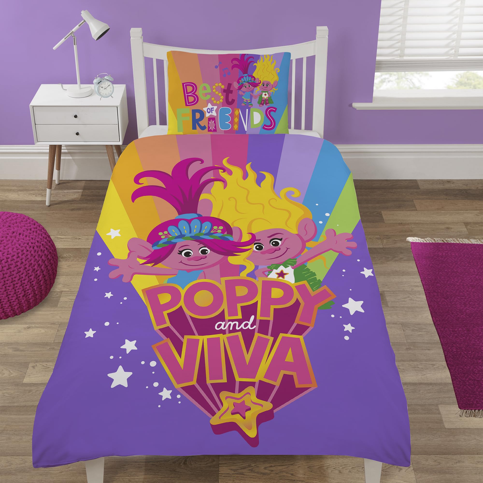 Coco Moon Trolls Poppy & Viva Single Duvet Cover Set | Bedding Set Includes Single Duvet and Pillow Set Boys & Girls