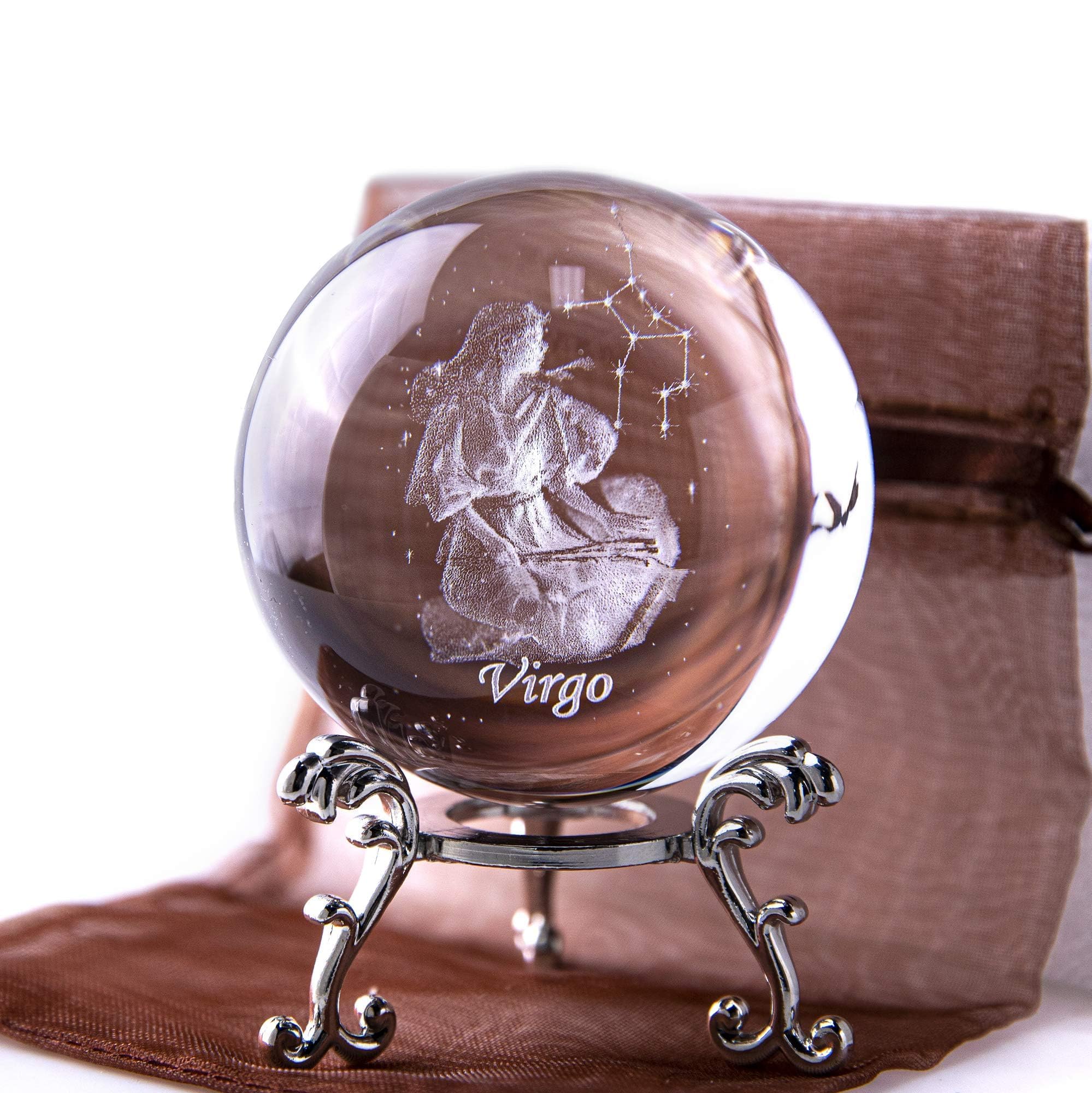 HDCRYSTALGIFTS Virgo Crystal Ball 3D Inner-Carved Glass Paperweight with Silver Flower Holder Fengshui Accessory Gift for a Virgo