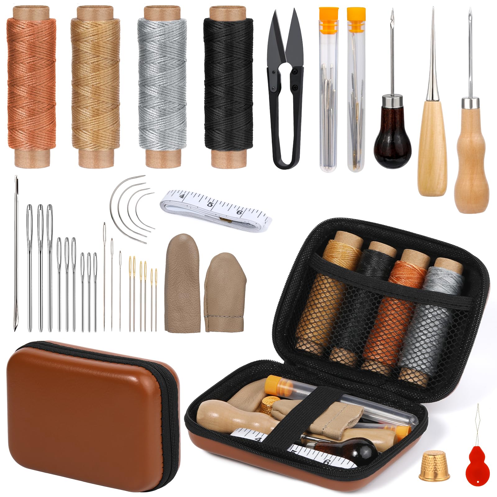 BUOKKON 39 Pcs Leather Sewing Kit, Leather Needles Hand Sewing with Waxed Thread, Awl and Thimble for Storage Bag, Leather Seat Repair Kit for DIY Sewing Craft