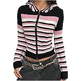 WDIRARA Women's Striped Zip Up Hooded Cardigan Sweater Long Sleeve Knit Outerwear Streetwear