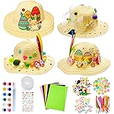 Chicingyou 125 Pcs DIY Tea Party Girls Straw Hats Bulk Include 12 Straw Hats Paint Bows 50 Colorful Feathers 40 Resin Daisies for Party Craft and Dress up,Not suitable for adults