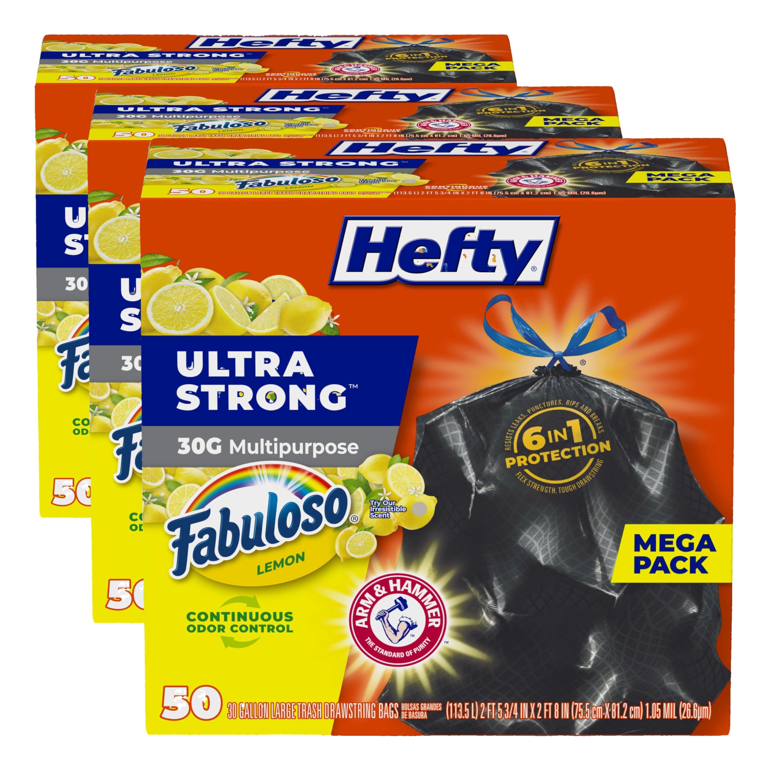 Hefty Ultra Strong 30 Gallon Trash Bags, Large, Multipurpose, Break Resistant Drawstring Closure, Resists Leaks, Punctures, and Tears, Black, Fabuloso Lemon Scent, 50 Bags| (Pack of 3) Image