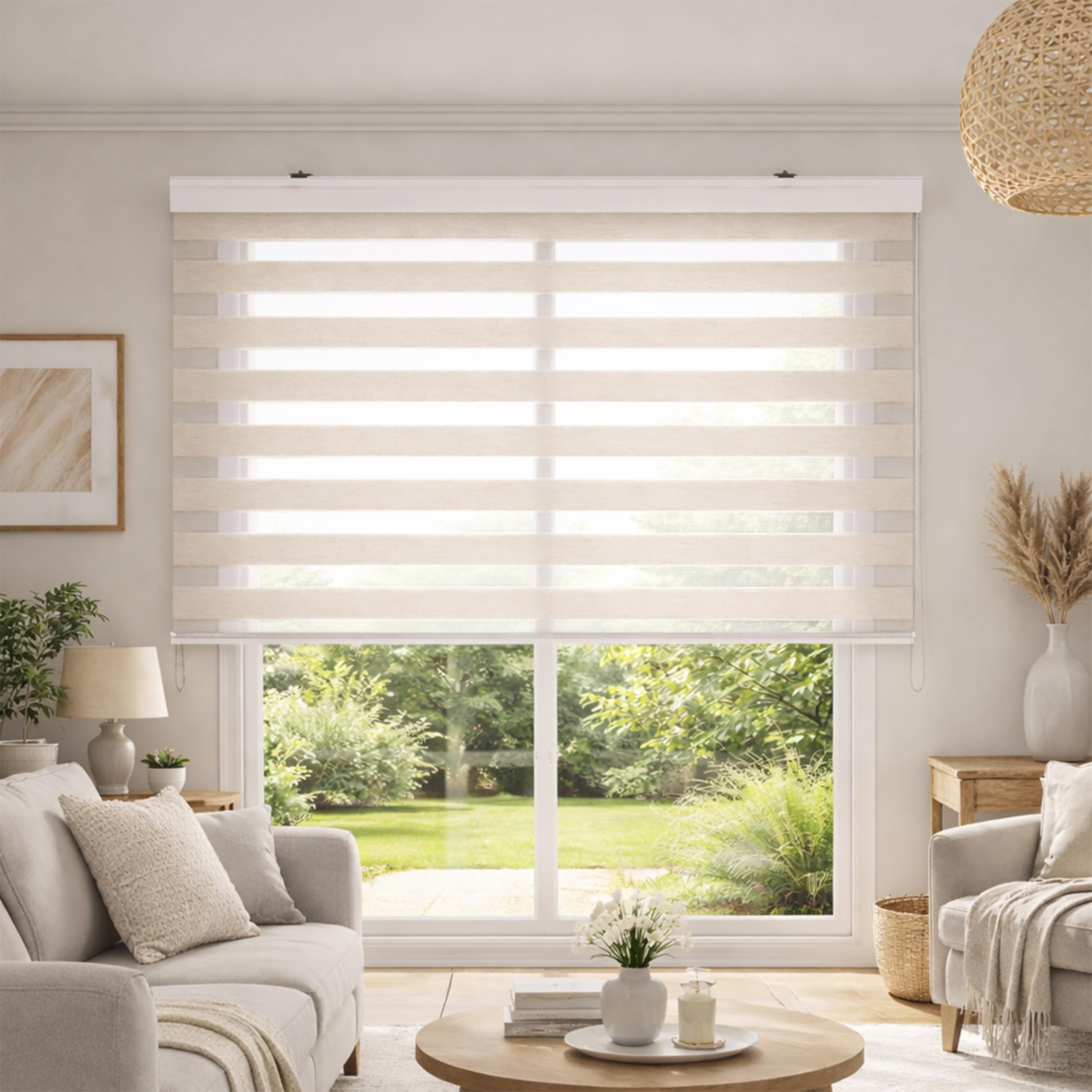 Blindecor - Lira Luxury Double layered roller blind, Night and Day, Linen - Cream, 120x180cm (width x length)