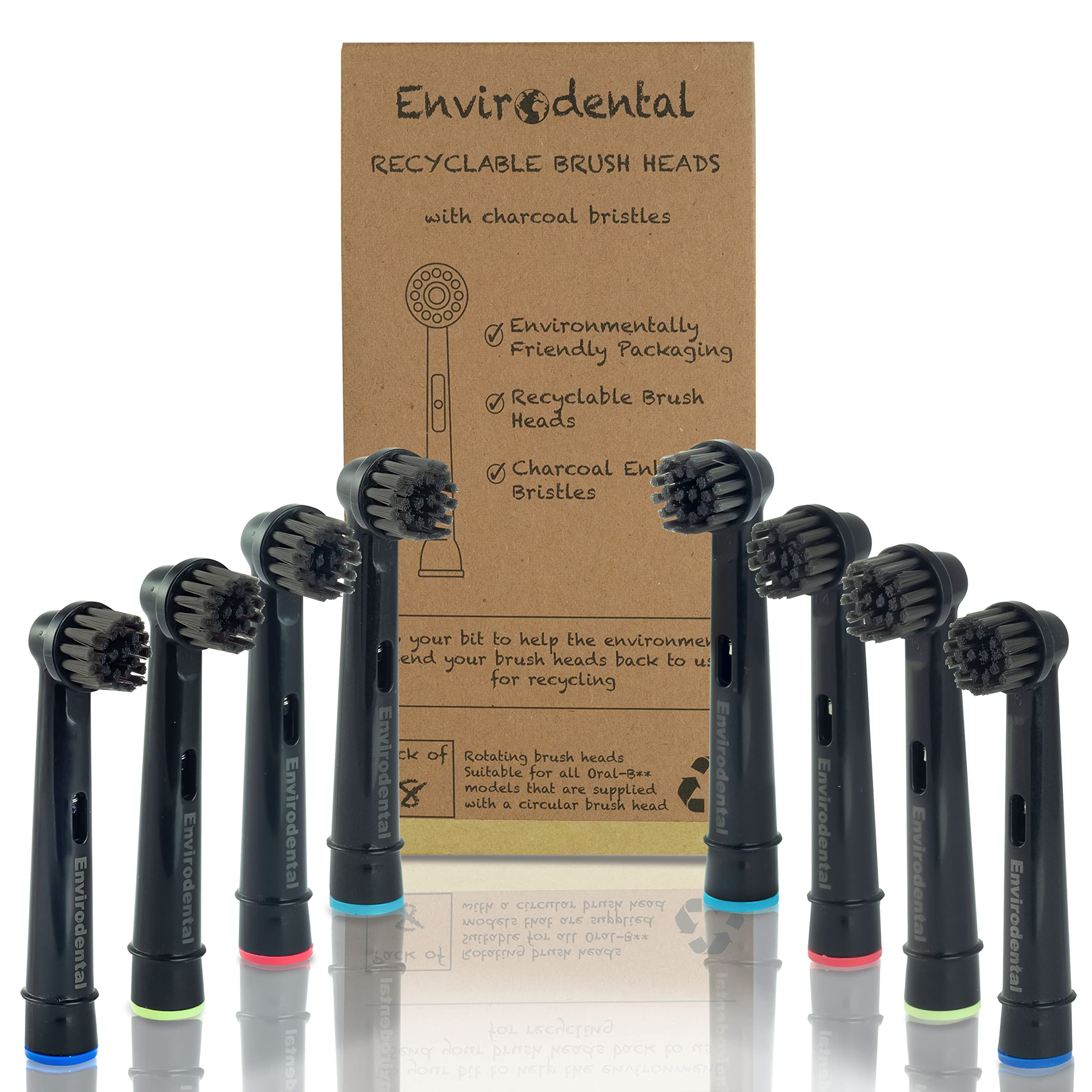 Eco Friendly Replacement Toothbrush Heads in Black by Envirodental - Fully Recyclable Pack of 8 Brushes - with Activated Charcoal Bristles - for Electric Toothbrushes