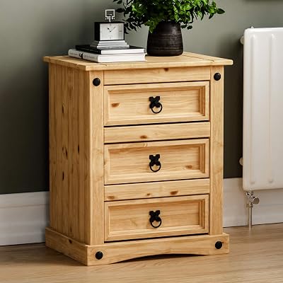 Vida Designs 3 Drawer Bedside Chest Distressed Waxed Pine Table 60cm H