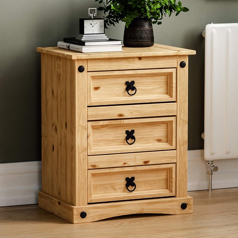 Vida Designs 3 Drawer Bedside Chest Distressed Waxed Pine Table 60cm H