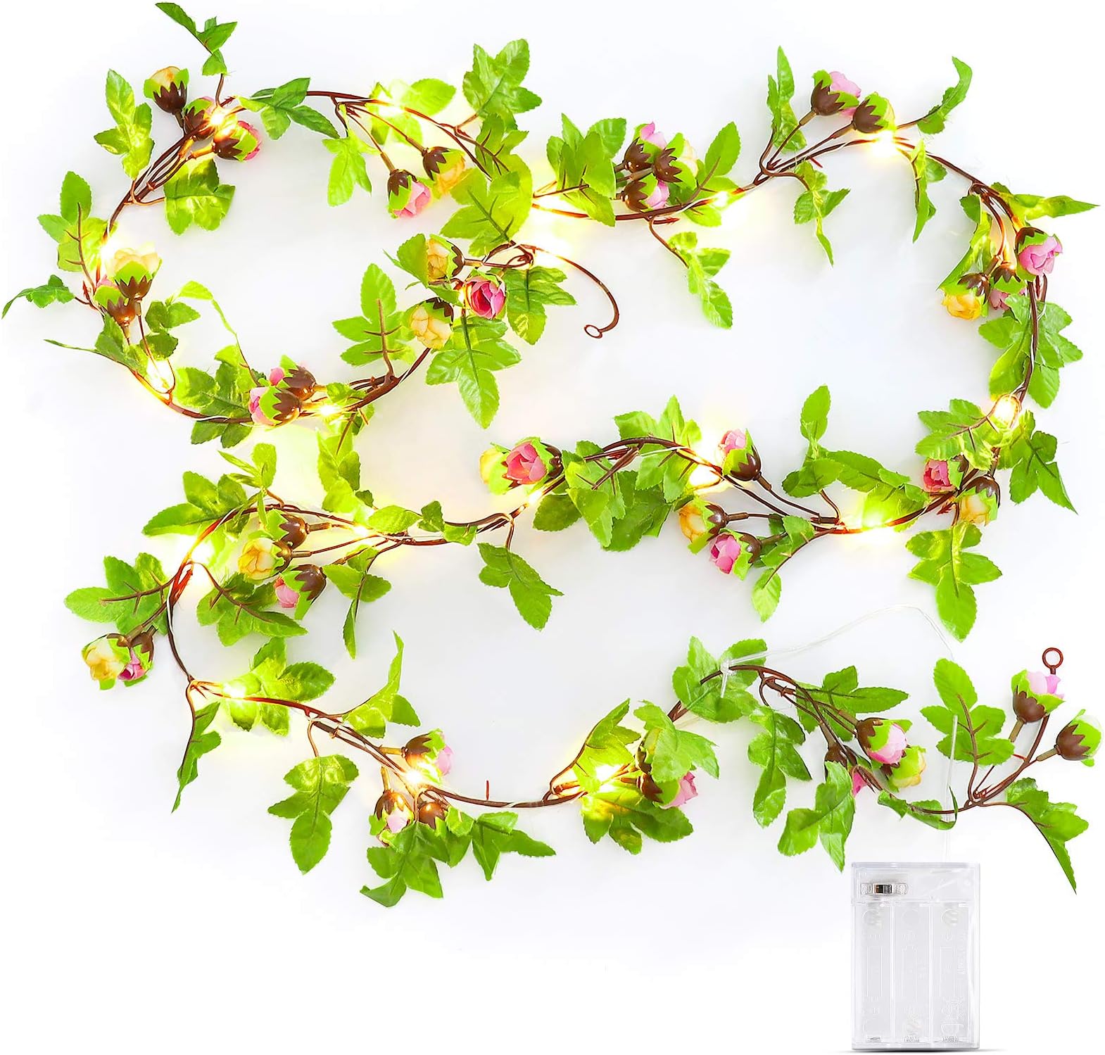 2M/ 6.6ft Mini 20 LEDs Green Artificial Rose Flower Leaf Garland Fake Ivy Vines String Lights for Mother's Day Valentine's Day Party Year Wedding Garden Indoor Décor