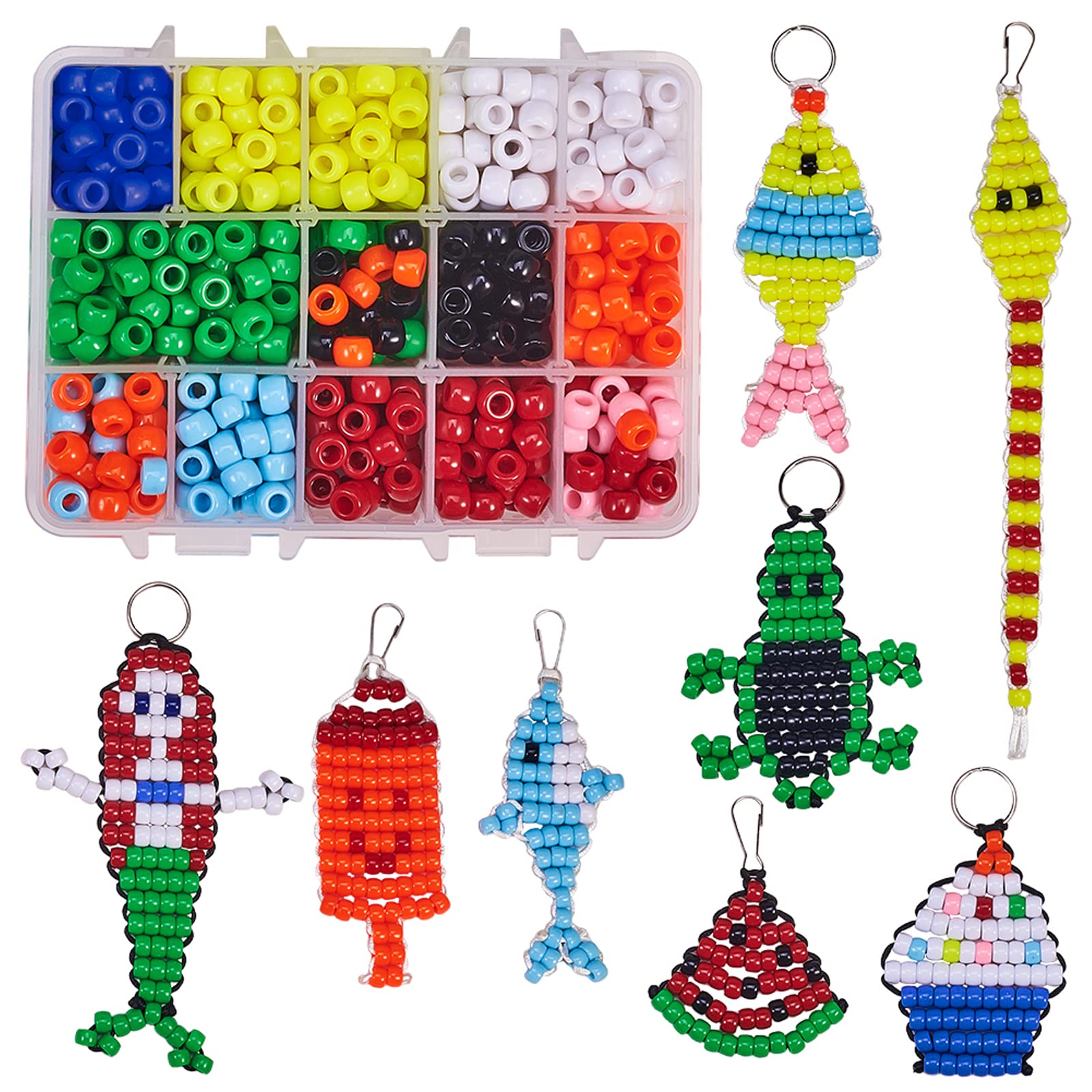 SUNNYCLUE DIY Make 8 Sets Bead Keyring Making Kit Inclued 6mm Pony Beads for Crafts & 30yard Polyester Cord & Split Key Ring Fish Ice Cream Mermaid Keyring