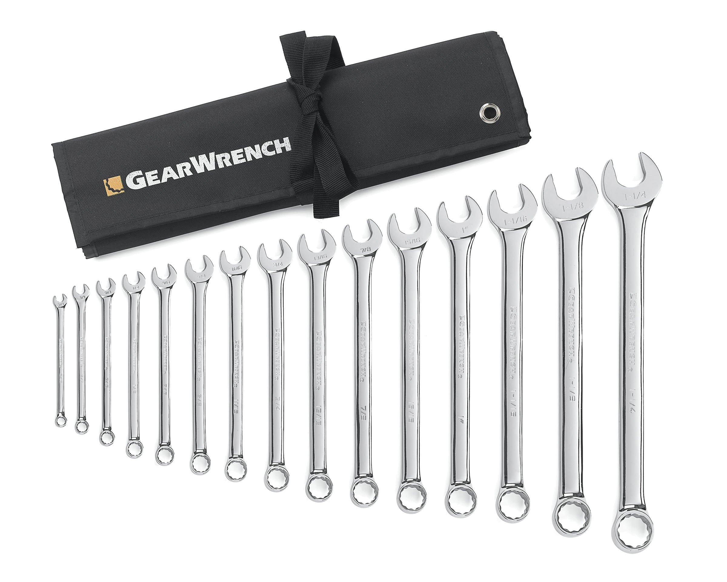GearWrench 15 Pc. 12 Pt. Long Pattern Combination Wrench Set with Tool Roll, SAE - 81918 — image 1