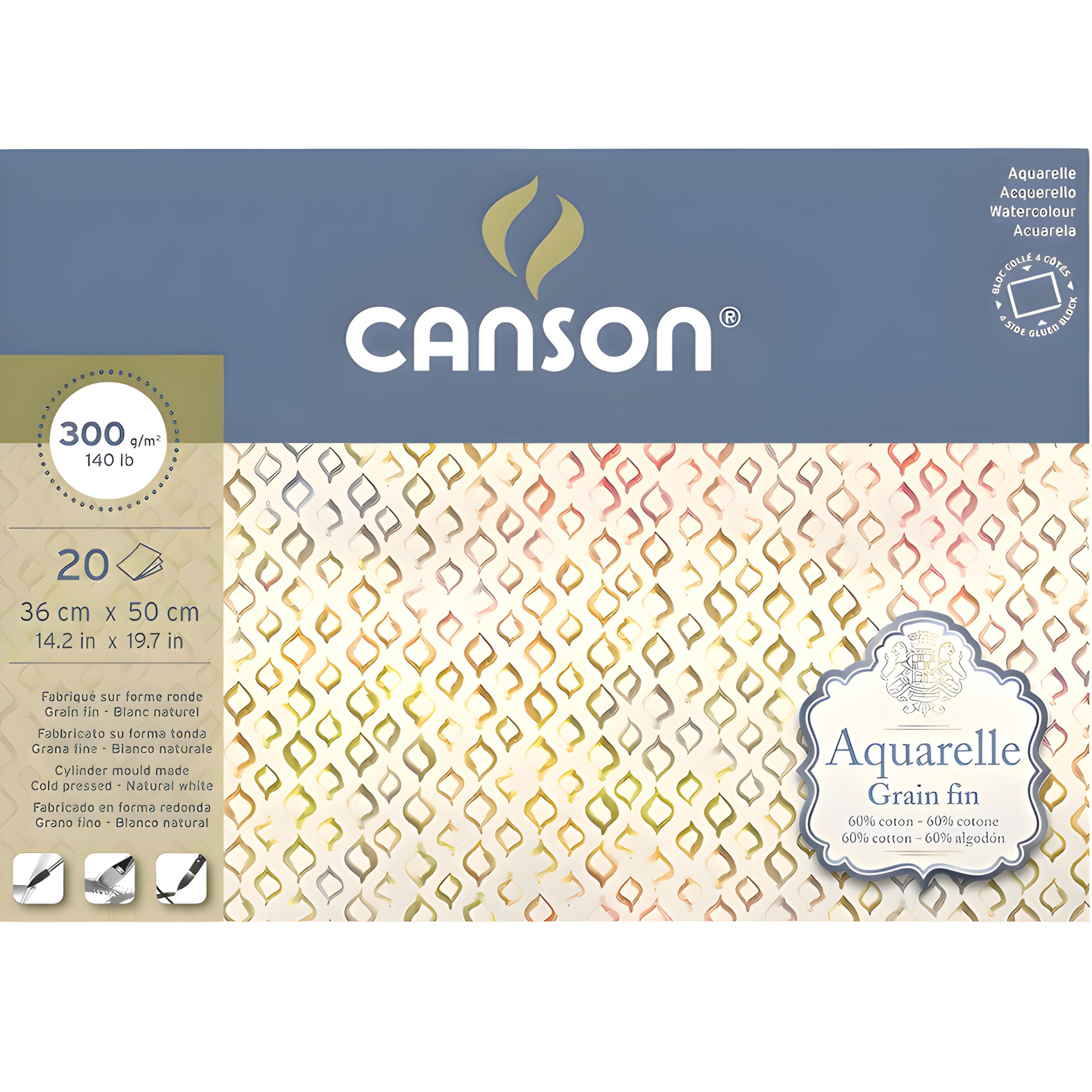 Aquarelle Canson Pad Glued All Around 36 x 50 cm 20 Sheets 300 g/m² Fine Grain