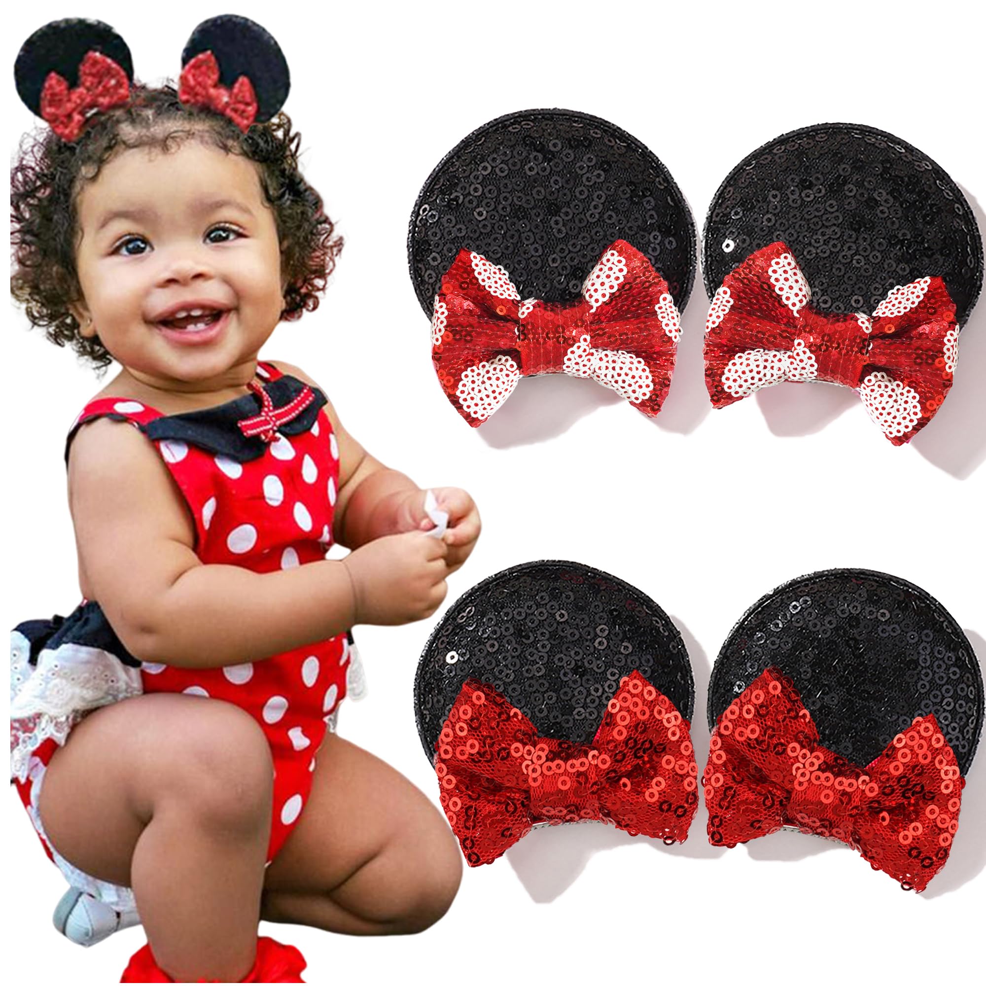 Photo 1 of Ayesha Mouse Ears Hair Clips Mouse Ears for Toddler Girls Sequin Mouse Bows Barrettes Hair Accessories for Baby Girls Toddler Kids Costume Party 4PCS