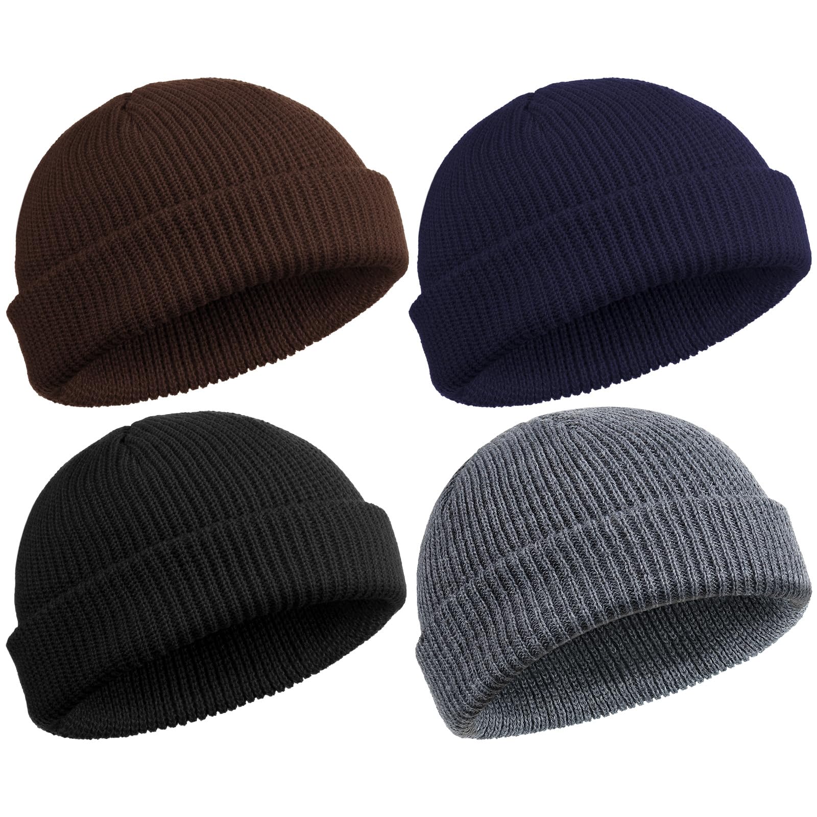 Photo 1 of SATINIOR 4 Pieces Trawler Beanie Watch Hat Roll up Edge Skullcap Fisherman Beanie Unisex (Dark Gray, Coffee, Navy, Black)