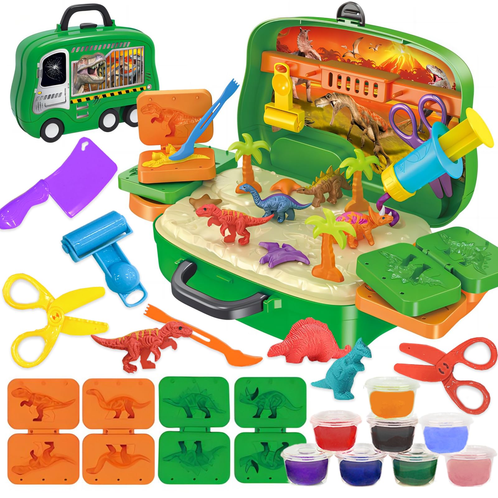 Crelloci Dinosaur Color Dough Set Tools Dino World 26 PCS Playsets Toy Clay Accessaries Dough and Moulds in a Portable Case with Wheels for Kids Toddlers 3 4 5 Years Old
