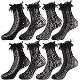 XLIUAX 4 Pairs Women's Lace Ankle Socks, Ruffle Frilly Dress Mesh Lace Trim Sock for Woman