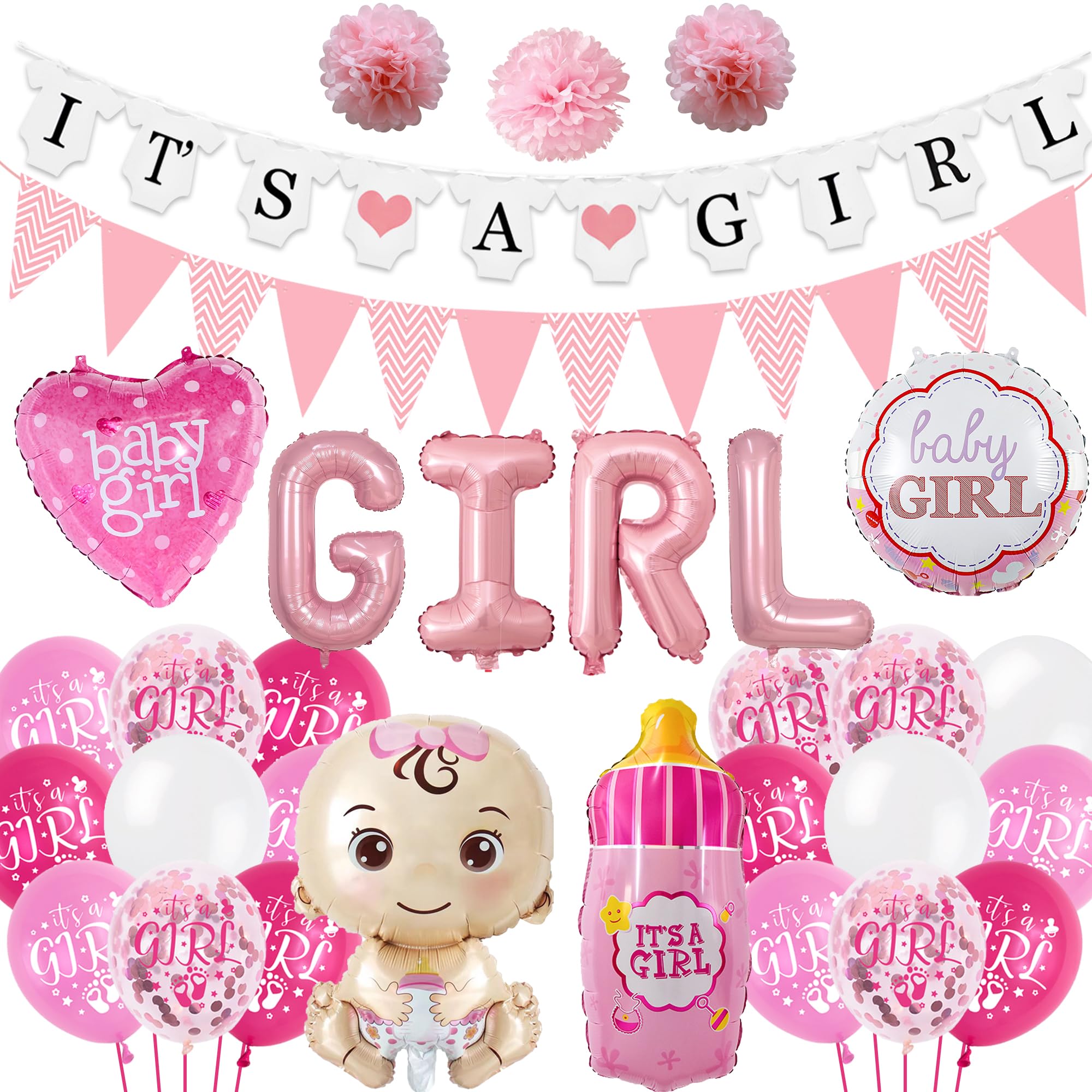 Baby Shower Decorations Girls Balloons - 48 Pieces Pink Gender Reveal Party Supplies, Newborn Welcome Accessories with It's A Girl Letter Banner Bottle Letter Shapes Balloon