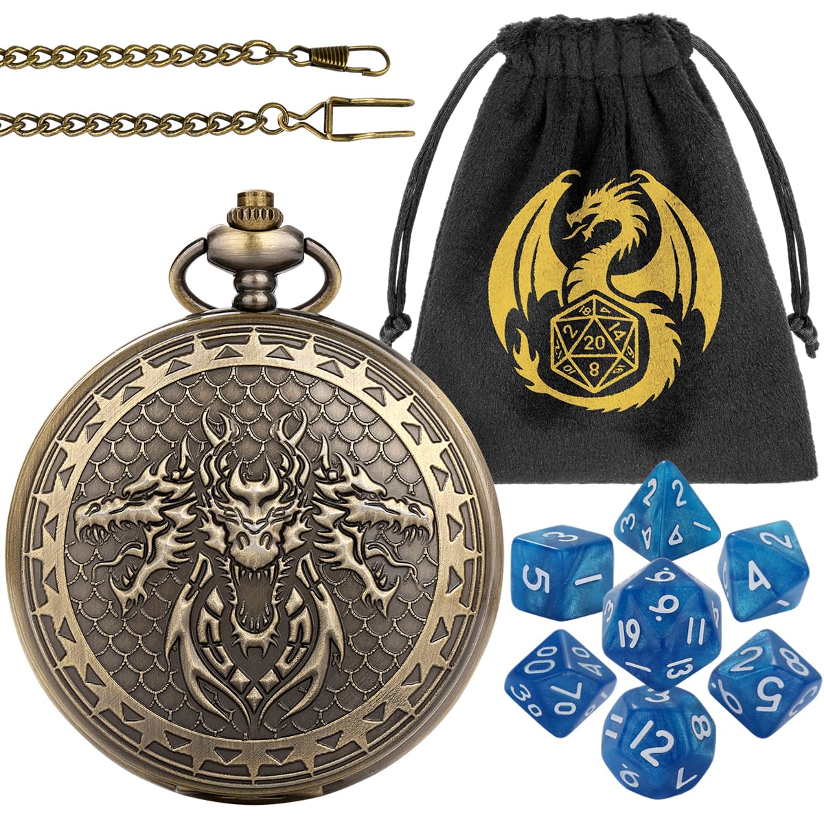 Small Acrylic DND Dice Set, 3 Dragon Heads Alloy Pocket Watch Shell Case, 7pcs Mini Polyhedral Dice, D&D Starter Set, Role Playing Board Games Accessories, Warhammer Gifts, Blue Dice