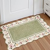 Lahome Floral 2x3 Rug, Green Kitchen Rugs Ulta-Thin Washable Indoor Mats for Entryway Non-Slip, Boho Scalloped Stain Resistant Small Throw Rugs for Bathroom Bedroom（Green）