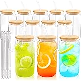 Joyclub 12 Set Glass Cups with Bamboo Lids and Glass Straws 16oz Can Shaped Reusable Clear Iced Coffee Glasses Bulk Set Drinking Jars wholesale for Party Weddings Cafes Boba Shops Gifts DIY