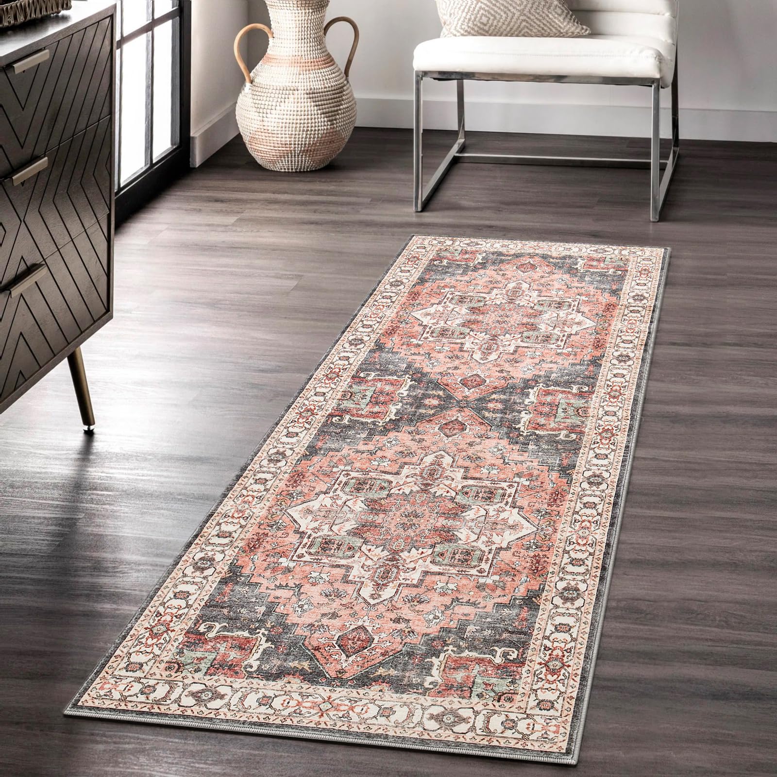 Carvapet Hallway Runner Rug 60x180cm Non Slip Long Carpet Runner Washable Pink Area Rug Soft Microfiber Vintage Medallion Floor Carpet Runner Rug for Living Room Corridor Entryway