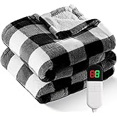 Electric Heated Sherpa Buffalo Plaid Christmas Throw Blanket with 8 Heating Levels & 8 Hours Auto Off, Fast Heating Warm Plush Washable Blanket with Over-Heat Protection, ETL Certification, Black