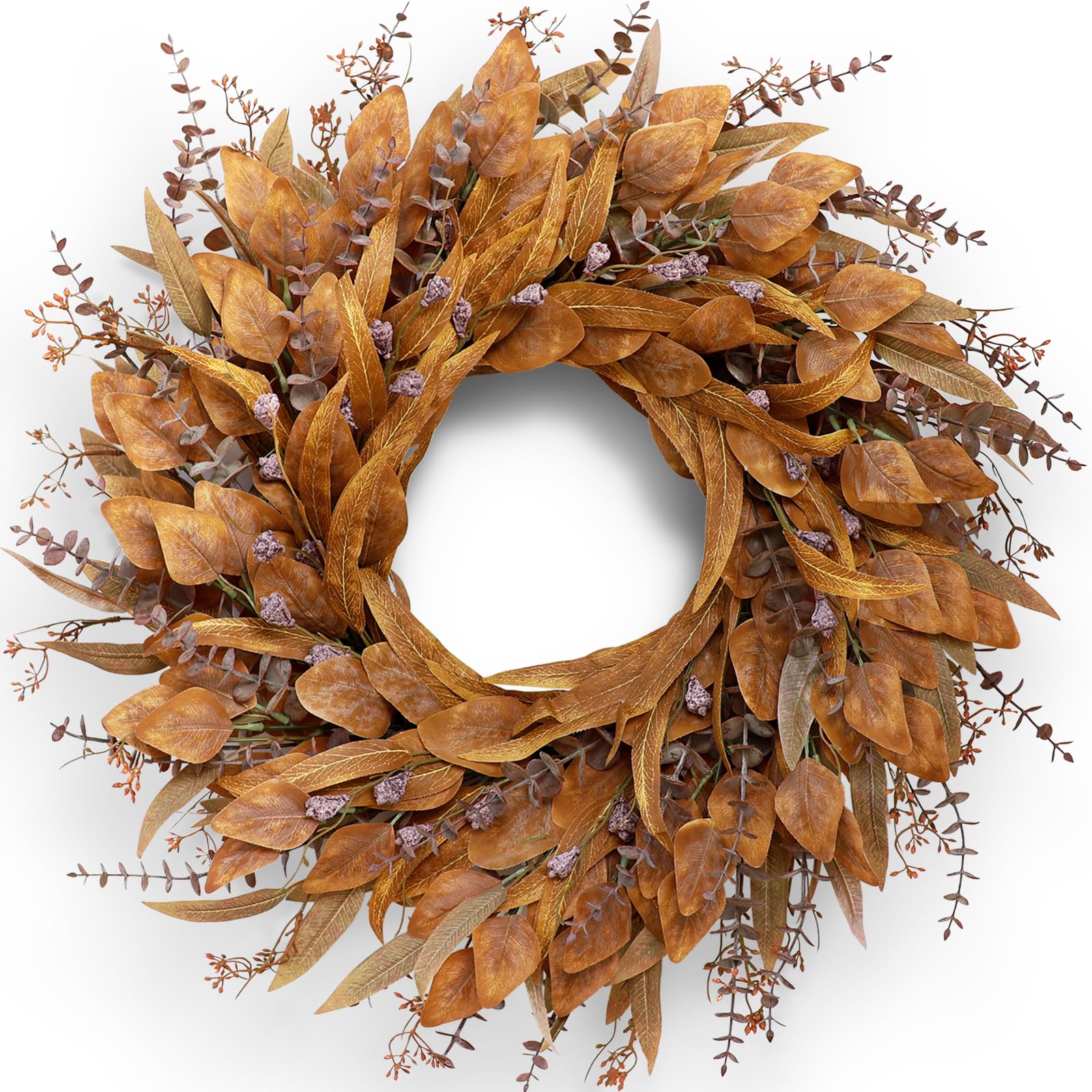 Photo 1 of 26'' Eucalyptus Wreath for Front Door - Autumn Large Artificial Eucalyptus Outdoor Wreath for Porch, Window,Farmhouse,Home,Holiday,Hanging Fall Decorations (Orange)