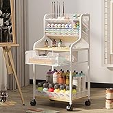 Small Rolling Craft Cart with Drawer, White Utility Art Cart, Metal Storage Cart with Lockable Wheels, 6 Tiers Paint Organizer for Art Supplies, Store for Brushes Paints Artifacts Small Parts