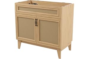 JONATHAN Y VAN1011A Javer 36 in. W x 18 in. D x 33 in. H Rattan Modern Farmhouse 2-Shelf Bath Vanity Cabinet Only (Sink Basin not Included), Oak
