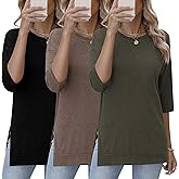 Huukeay 3 Pack 3/4 Length Sleeve Women's Tops Side Slit Tunic Loose Fit Round Neck Tee Shirt Ladies Casual Basic Fall Clothes
