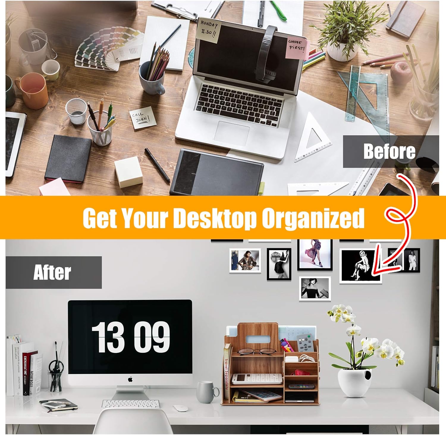 Wood Desk Stationary Organizer and Accessories, Multi-Functional Desktop Organizer, Large Capacity Pen Organizer File Holder with 10 Compartments for Office, School, Home Supplies Organization: Home Improvement