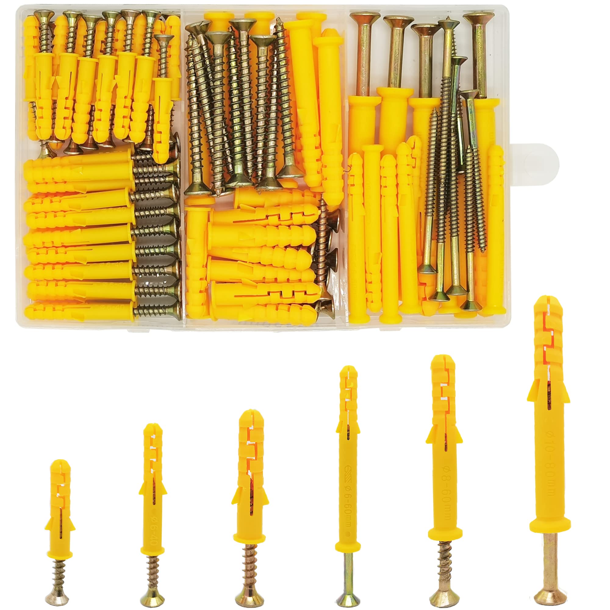 WeqeYent M6/M8/M10 Wall Plugs and Screws 150 Pcs(75 Sets), Plastic Expansion Pipe Anchor Bolts Assorted Set for Brick, Masonry, Heavy Duty, Wall Fixing Screw(30/40/60/80mm)