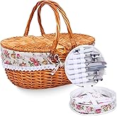 Wicker Picnic Basket with Handle, 15" Large Picnic Basket with Lid & Removable Liner, Vintage Hand Woven Basket with Cutlery Set for Picnics, Camping, Thanksgiving, and Birthday
