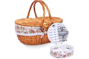 Wicker Picnic Basket with Handle, 15" Large Picnic Basket with Lid & Removable Liner, Vintage Hand Woven Basket with Cutlery 