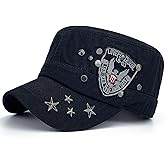 Rayna Fashion Women Soft Washed Cotton Adjustable Flat Top Military Army Hat Cadet Cap Zip Studs Embroidery Patch