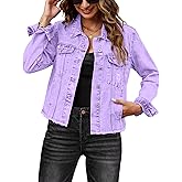 luvamia Denim Jacket for Women Distressed Jean Jackets Button Up Vintage Western Trucker Jacket Frayed Hem Pockets