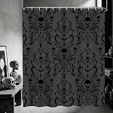 Black Gothic Shower Curtain, Halloween Damask Skull Waterproof Shower Curtains for Bathroom Vintage Dark Victorian Skeleton Bat Floral Pattern Home Curtain Decor with Hooks, Machine Washable, 72Wx72L