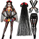 BOARDFEB Day of the Dead Costume Sets for Women Halloween Cosplay Party | 3 Pcs Dios De Los Muertos Outfit with Mexican Rose Flower Headband Veil Skeleton Skull Printed Tights Stockings and Gloves