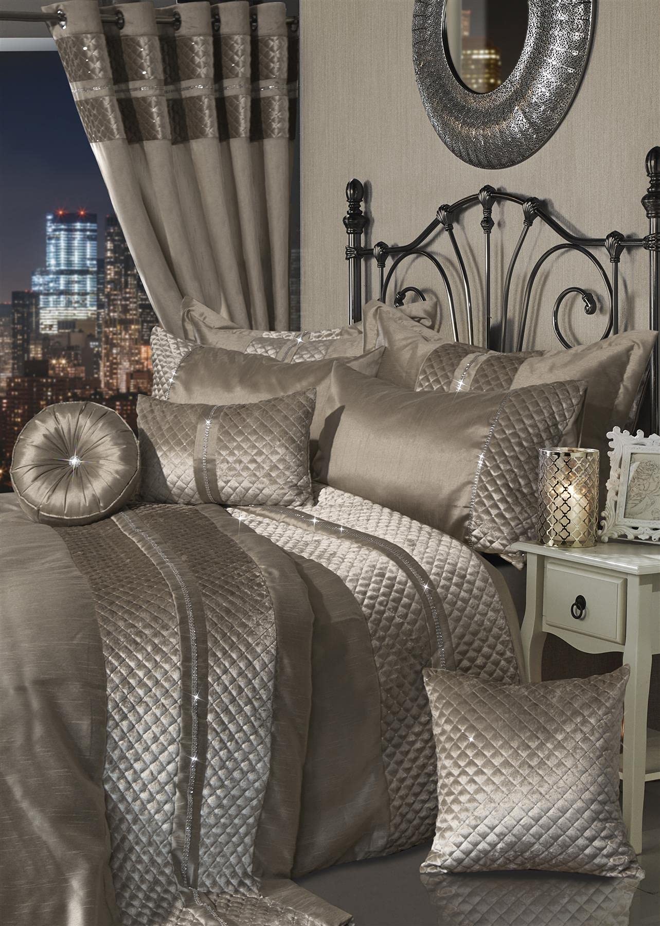 Olivia Rocco Kylie Duvet Cover Set Quilted Velvet Diamante Quilt Covers Luxury Bedding Sets, Champagne King