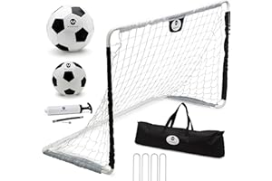 Morvat Kids Soccer Goal Set With Metal Poles, Backyard & Indoors Portable Lightweight Training Equipment Premium 48”x30” Net, 2 Size Soccer Balls, Pump, Storage Bag – Black/White, Pink/Purple, Rainbow