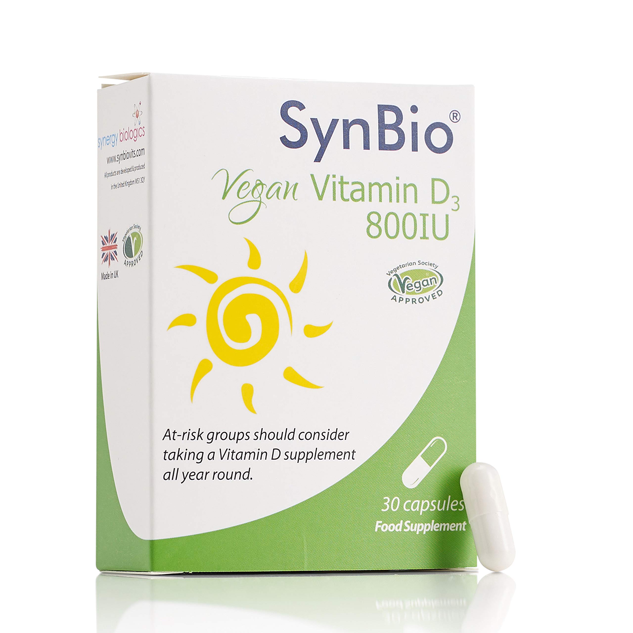 SynBio Vegan Vitamin D3 800 IU - Vegan Certified - Peanut & Nut Free - SOYA Free - Dairy Free - Yeast Free - Sugar Free - Gelatin Free - Cruelty Free (PETA) - Vitamin D Supplement [Made in The UK]