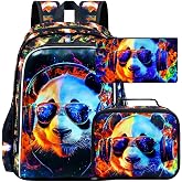 HPJGD 3PCS Panda Bookbag for Boys, Water Resistant Kids Backpack with Lunch Box, 17" School Bag Set for Teenagers Middle Elementary - Sunglasses Panda
