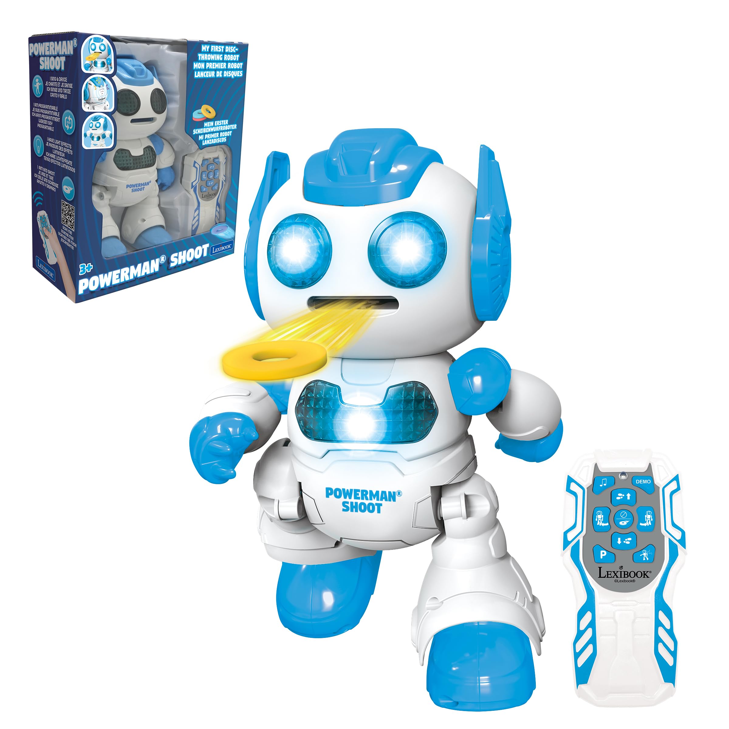 LEXIBOOK, Powerman Shoot - My first throwing-disc robot, Programmable remote control robot, Plays music and dances, Sound and light effects, 12 foam discs, ROB17 — image 1