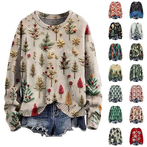 Nuaoxyeu Womens Christmas Jumper Christmas Jumpers for Women Plus Size Funny Xmas Tree Print Sweaters Loose Fit Casual Pullover Crew Neck Long Sleeve Sweatshirts Warm Winter Jumpers Women