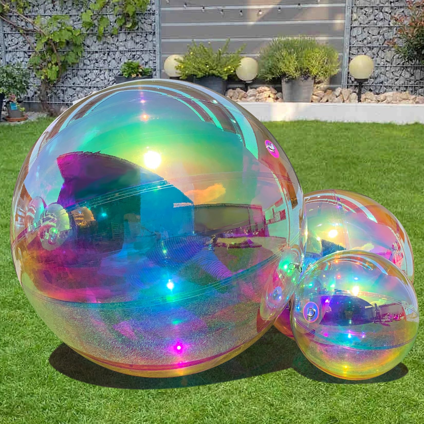 Photo 1 of 19.6in Inflatable Mirror Ball, Big Shiny Balls Inflatable Silver/Gold/Iridescent, PVC Hanging Large Disco Ball Decor for Big Party, Concerts, Stage, Wedding Decoration (1 Piece,Without Air Pump)