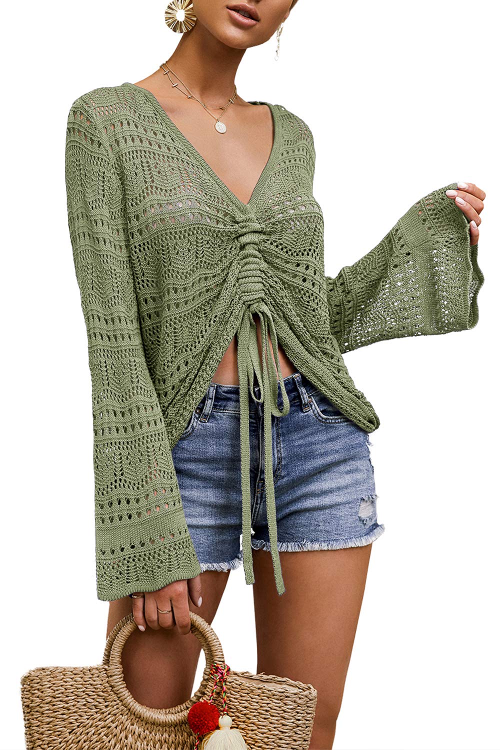 Photo 1 of Saodimallsu Womens Oversized V Neck Shirts Flowy Crochet Bell Sleeve Boho Tops Sexy Tie Front Ruched Ruffle Top Blouse Army Green