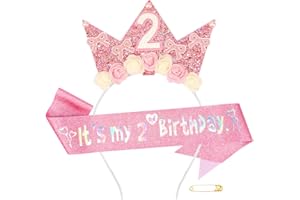 Atoden 2 Year Old Birthday Headband and Sash Happy 2nd Birthday Decorations for Girl Glitter Flower Princess Crown Tiara with Pink Bow Party Costume Outfit Gifts
