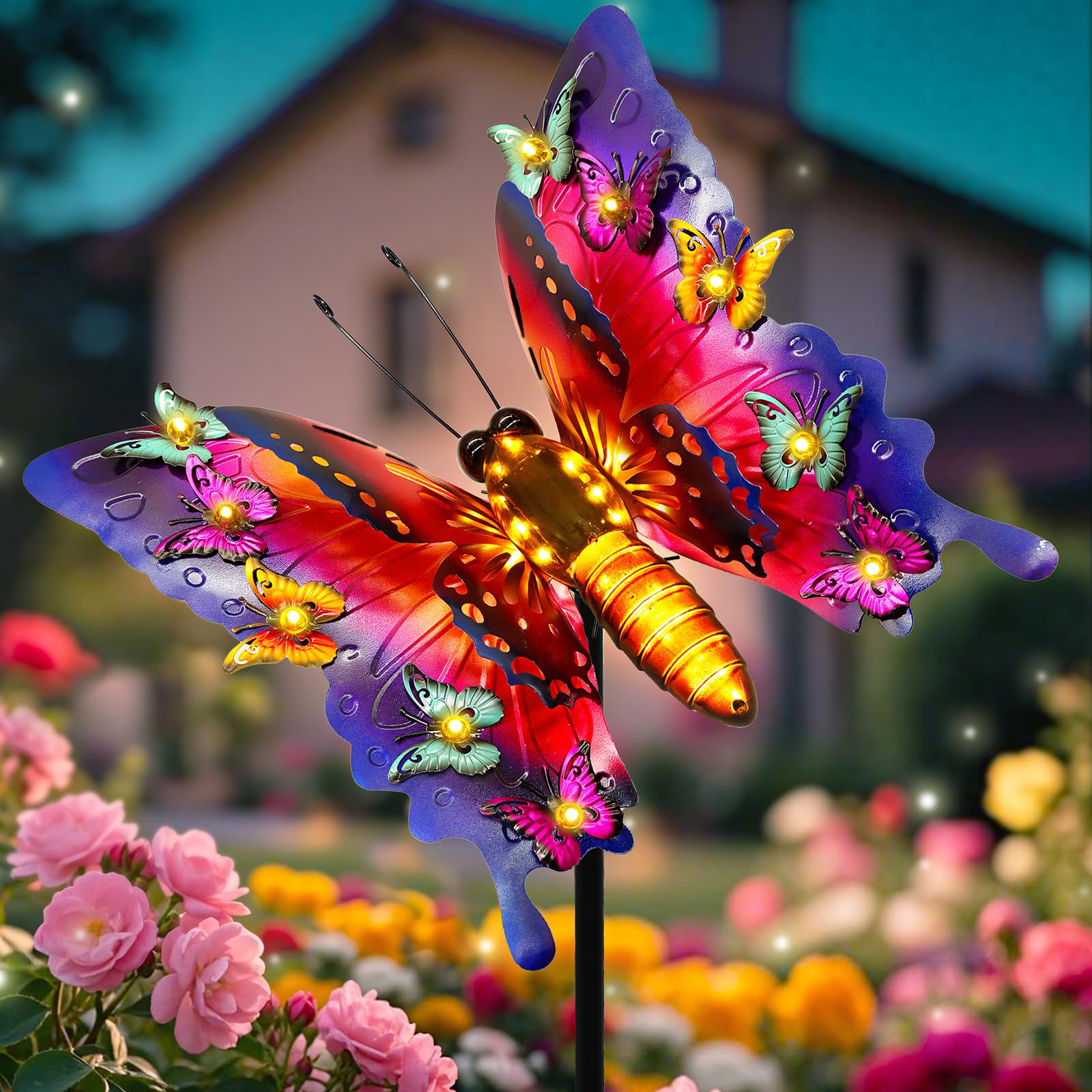 Photo 1 of Solar Garden Lights, Outdoor Butterfly Garden Decor Large 41" Metal Decorative Lights, Waterproof Butterfly Outside Decoration Patio Yard Porch Birthday Gardening Gifts for Mom Women, Purple