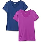 Amazon Essentials Women's Active Quick Dry Tech Stretch Short-Sleeve V-Neck T-Shirt (Available in Plus Size), Pack of 2