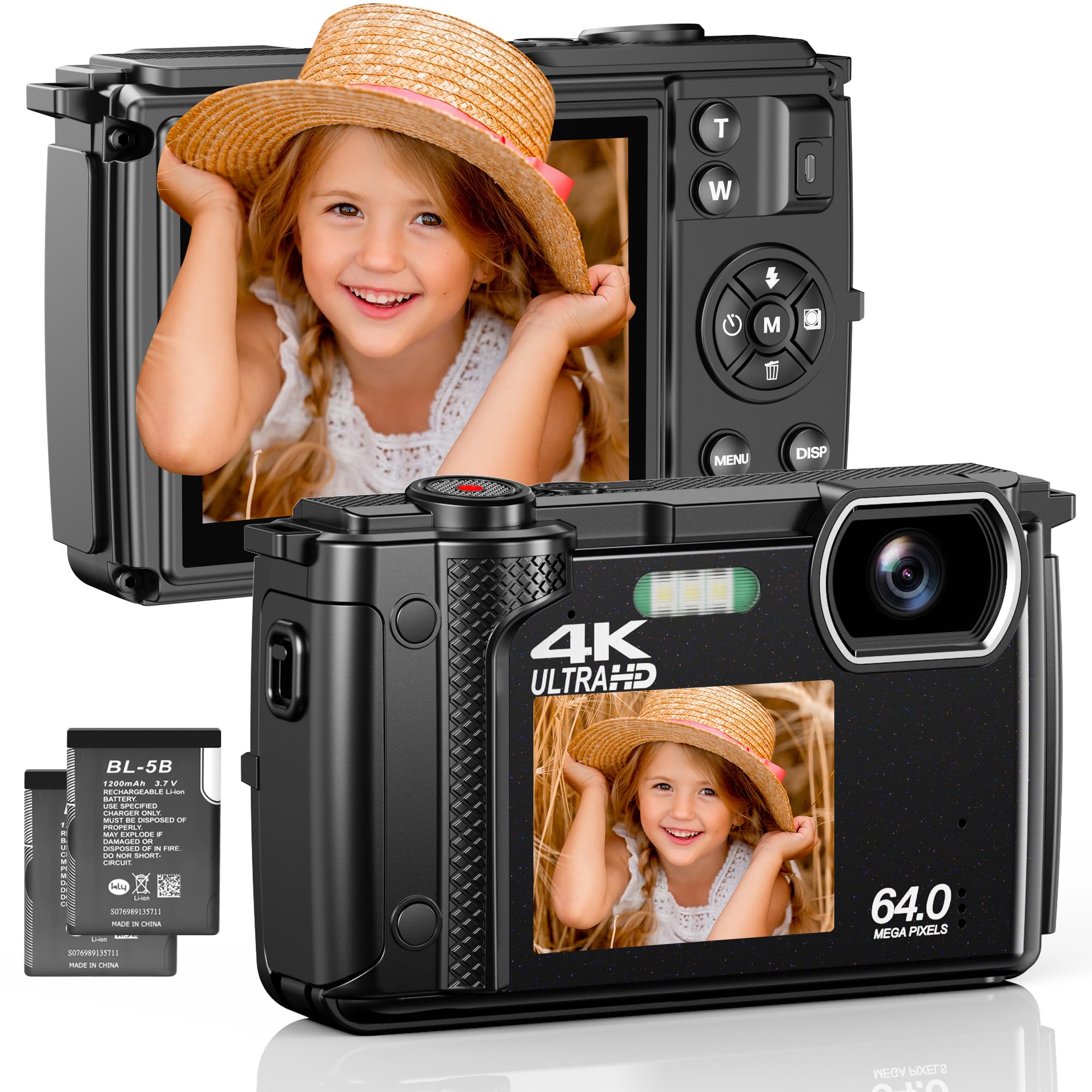 Photo 1 of 4K Digital Camera, 64MP Dual-Lens Vlogging Camera for Photography and Video 30FPS, Autofocus Anti-Shake, Selfie YouTube Camera, Digital Camera with Flash, SD Card, 2 Batteries