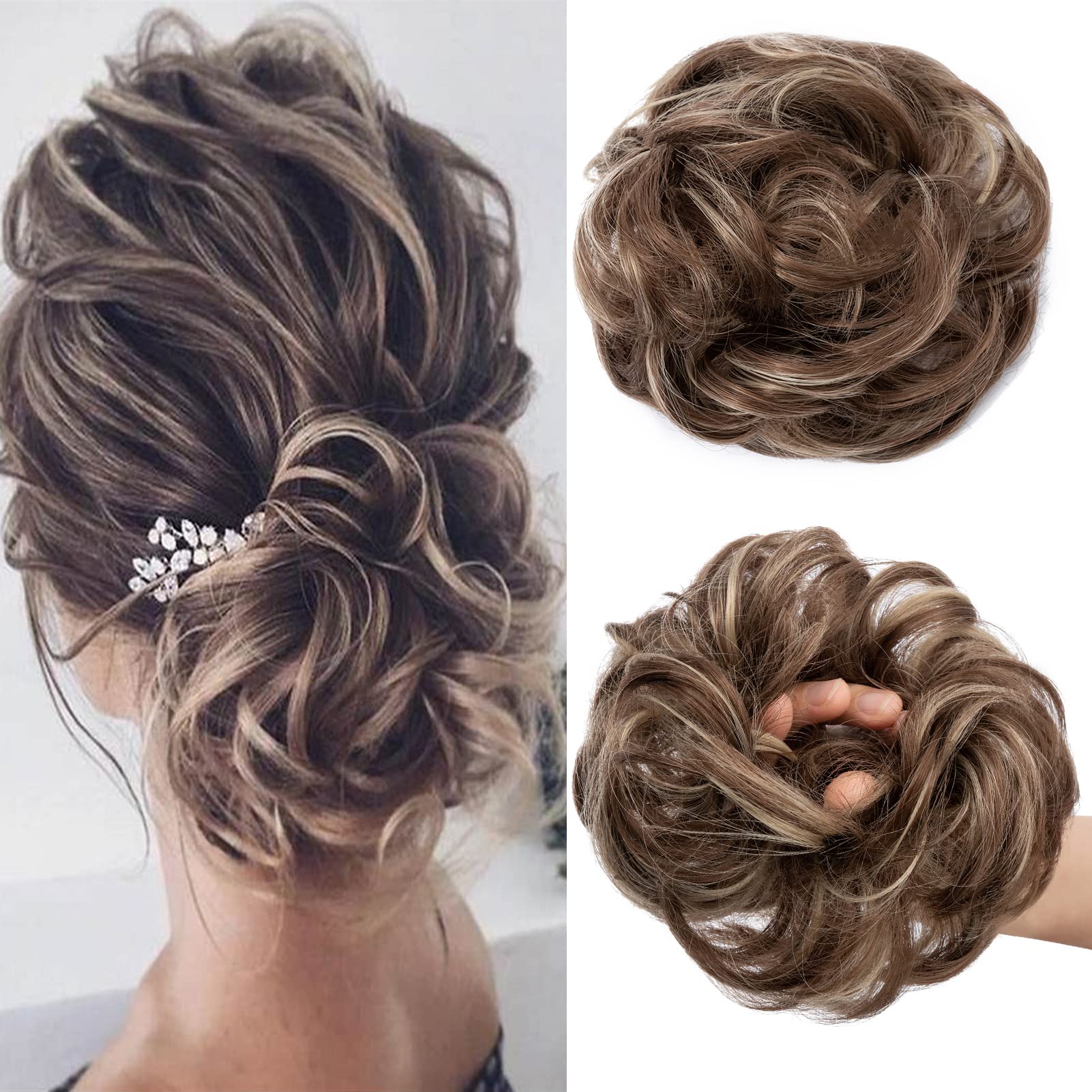 Messy Hair Scrunchies Hair Bun Extensions Scrunchy Curly Wavy Hair Pieces Updo Ponytail Hair Extensions Donut Hair Chignons Hair Accessories For Women, Golden Brown&Natural Blonde — image 1