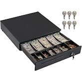 Volcora Cash Register Drawer for Point of Sale (POS) System, 5 Bill/7 Coin, 16" with Adjustable Coin Slots, 12-24V, RJ11/RJ12 Key-Lock, Media Slot, Black